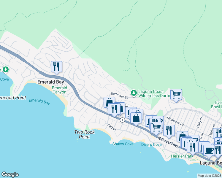 map of restaurants, bars, coffee shops, grocery stores, and more near 1560 Sunset Ridge Drive in Laguna Beach