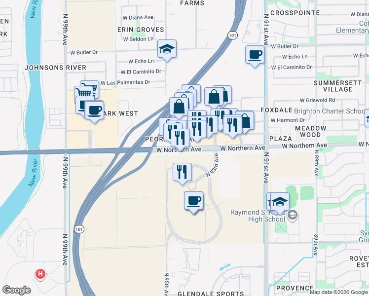 map of restaurants, bars, coffee shops, grocery stores, and more near 9470 West Northern Avenue in Glendale
