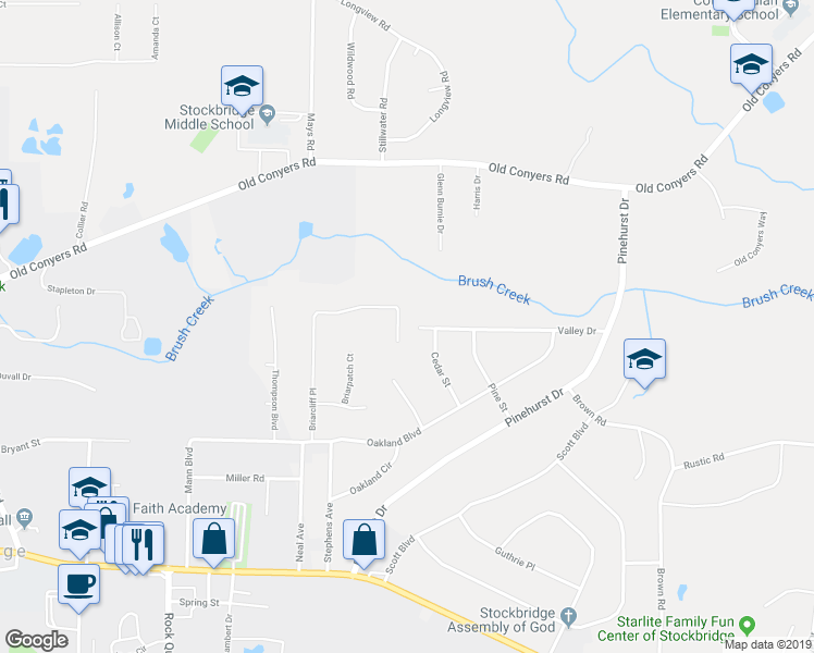 map of restaurants, bars, coffee shops, grocery stores, and more near 225 Briarcliff Place in Stockbridge