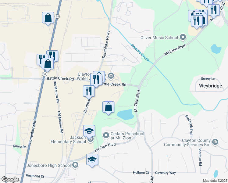 map of restaurants, bars, coffee shops, grocery stores, and more near 256 Commons Drive in Jonesboro