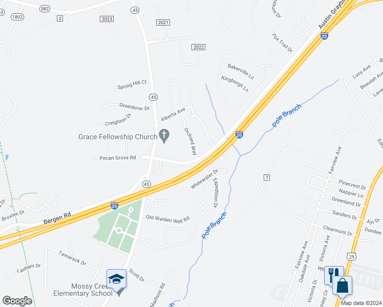 map of restaurants, bars, coffee shops, grocery stores, and more near 115 Orchard Way in North Augusta