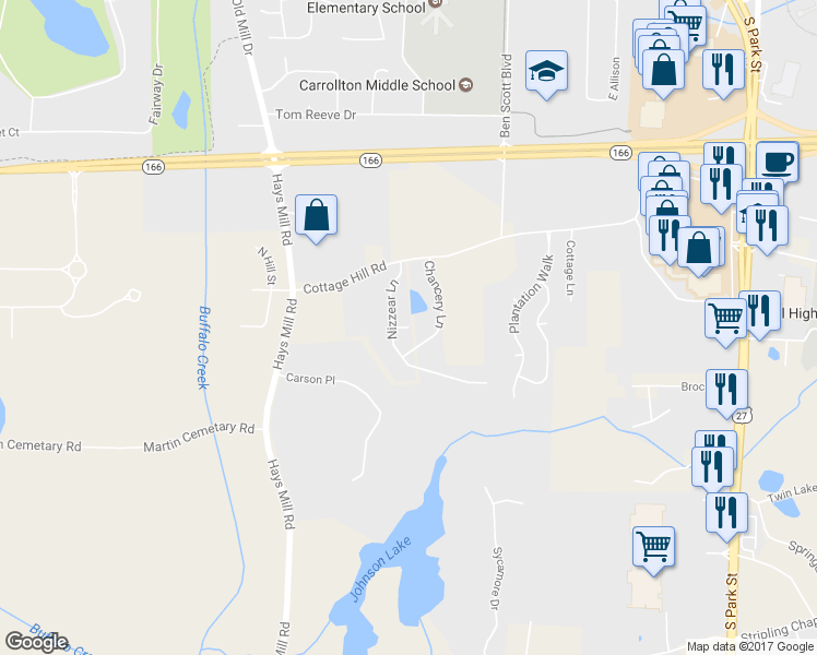 map of restaurants, bars, coffee shops, grocery stores, and more near Brixton Circle in Carrollton