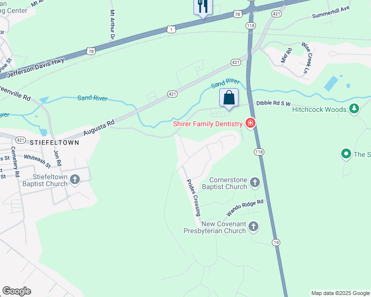 map of restaurants, bars, coffee shops, grocery stores, and more near 140 Band Box Avenue in Aiken