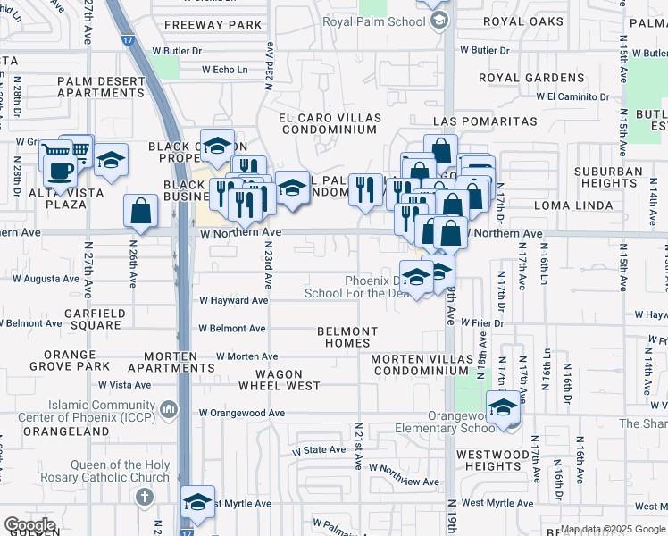 map of restaurants, bars, coffee shops, grocery stores, and more near 2128 West Augusta Avenue in Phoenix