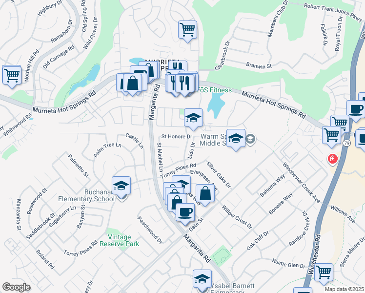 map of restaurants, bars, coffee shops, grocery stores, and more near 39802 De Vendome Court in Murrieta