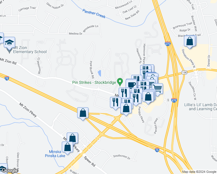 map of restaurants, bars, coffee shops, grocery stores, and more near 3461 Narrow Creek Court in Stockbridge