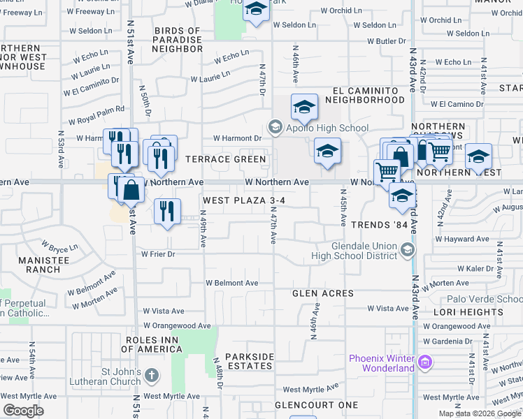 map of restaurants, bars, coffee shops, grocery stores, and more near 7828 North 47th Avenue in Glendale