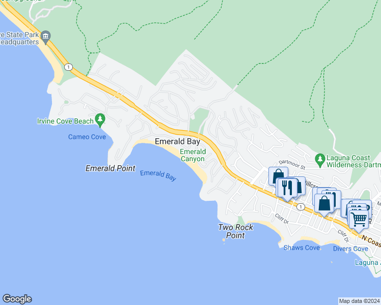 map of restaurants, bars, coffee shops, grocery stores, and more near 70 Emerald Bay in Laguna Beach