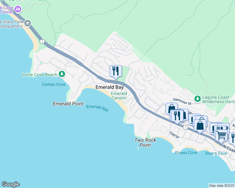 map of restaurants, bars, coffee shops, grocery stores, and more near 70 Emerald Bay in Laguna Beach