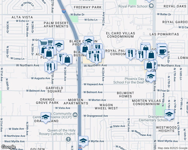 map of restaurants, bars, coffee shops, grocery stores, and more near 2334 West Augusta Avenue in Phoenix