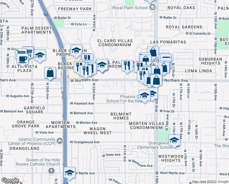 map of restaurants, bars, coffee shops, grocery stores, and more near 2128 West Augusta Avenue in Phoenix