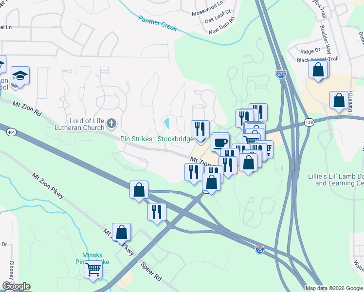 map of restaurants, bars, coffee shops, grocery stores, and more near 3386 Mount Zion Road in Stockbridge