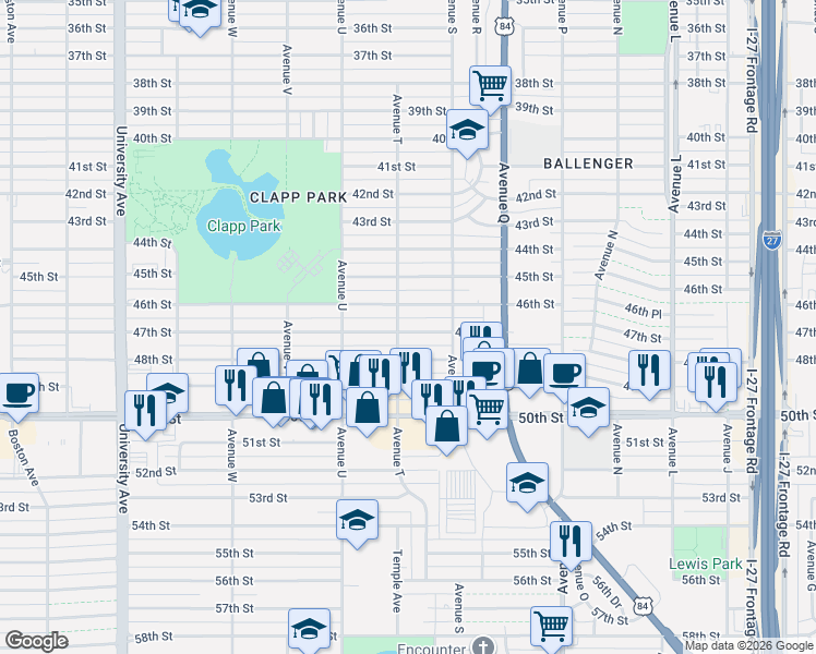 map of restaurants, bars, coffee shops, grocery stores, and more near 1915 46th Street in Lubbock