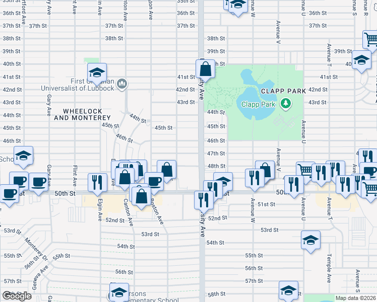 map of restaurants, bars, coffee shops, grocery stores, and more near 2505 46th Street in Lubbock