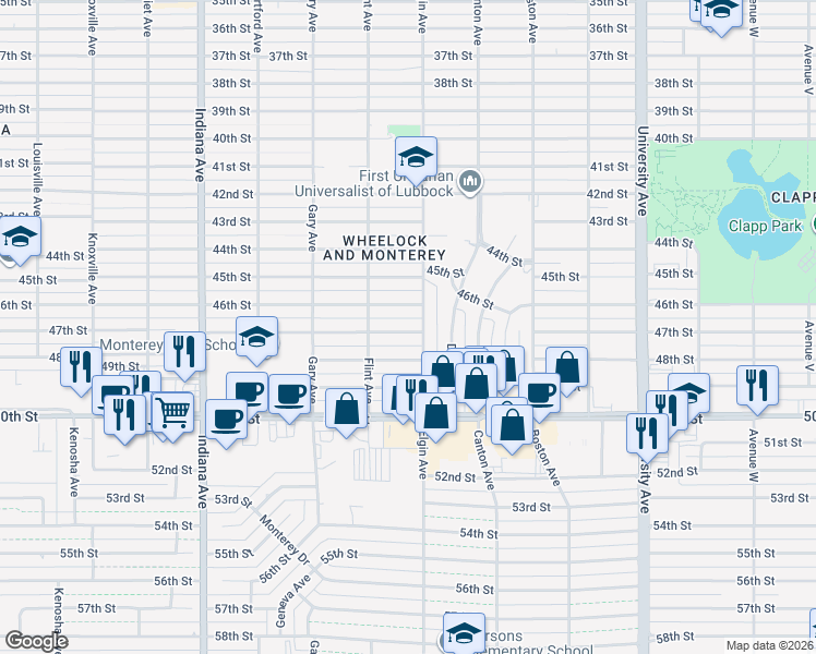map of restaurants, bars, coffee shops, grocery stores, and more near 3009 46th Street in Lubbock