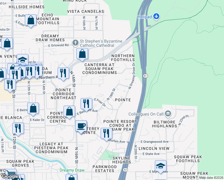 map of restaurants, bars, coffee shops, grocery stores, and more near 7649 North Dreamy Draw Drive in Phoenix
