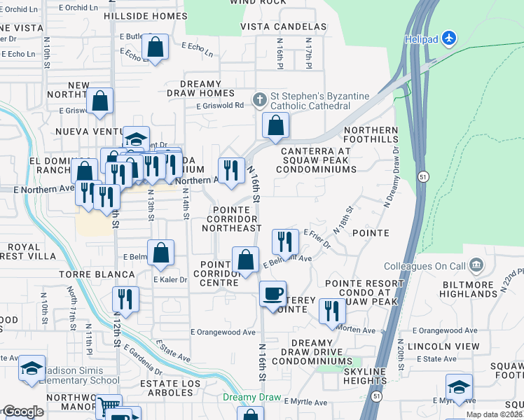map of restaurants, bars, coffee shops, grocery stores, and more near 7887 North 16th Street in Phoenix
