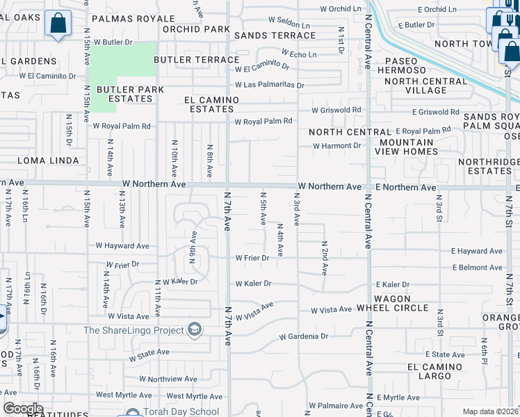 map of restaurants, bars, coffee shops, grocery stores, and more near 7825 North 5th Avenue in Phoenix