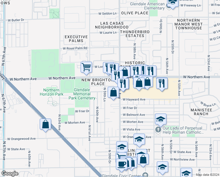 map of restaurants, bars, coffee shops, grocery stores, and more near 7841 North 59th Lane in Glendale