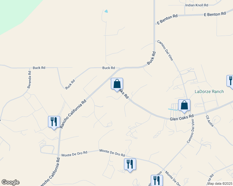 map of restaurants, bars, coffee shops, grocery stores, and more near 35581 Glen Oaks Road in Temecula