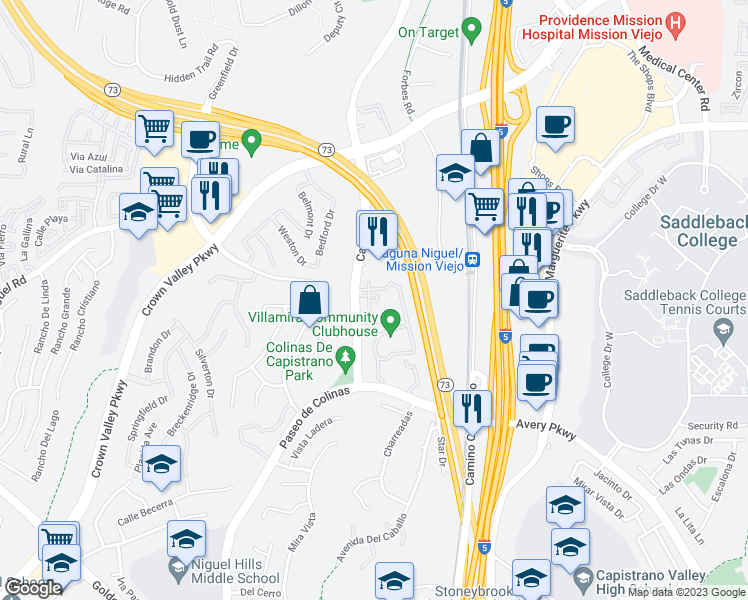 map of restaurants, bars, coffee shops, grocery stores, and more near 25881 Portofino in Laguna Niguel