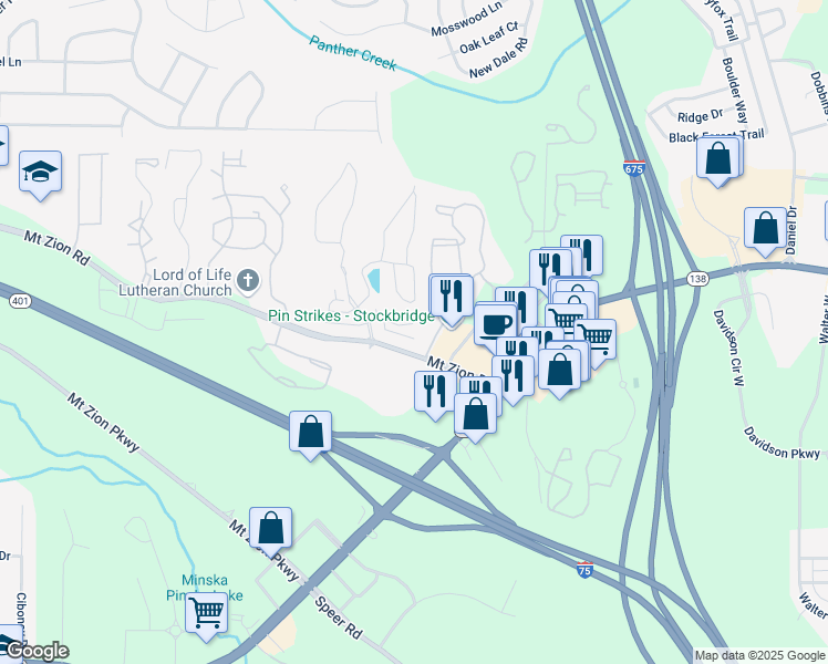 map of restaurants, bars, coffee shops, grocery stores, and more near 3465 Narrow Creek Court in Stockbridge