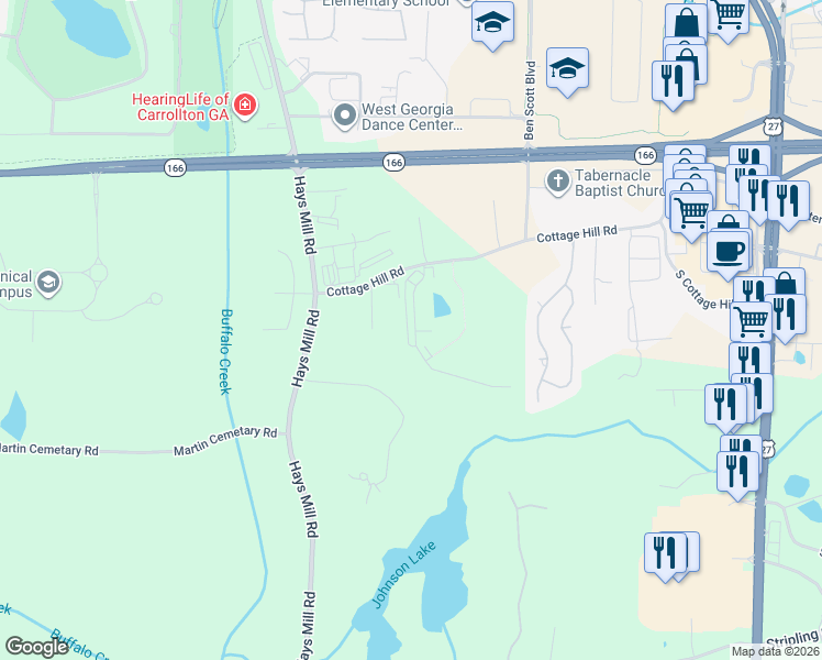 map of restaurants, bars, coffee shops, grocery stores, and more near 162 Nizzear Lane in Carrollton