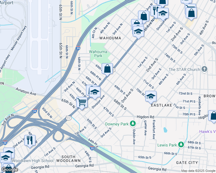 map of restaurants, bars, coffee shops, grocery stores, and more near 6821 1st Avenue North in Birmingham
