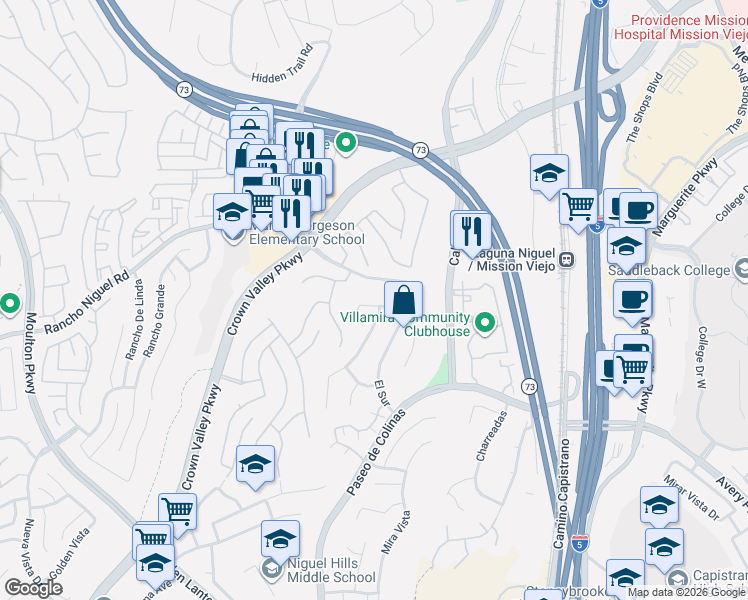 map of restaurants, bars, coffee shops, grocery stores, and more near 25651 Del Norte in Laguna Niguel