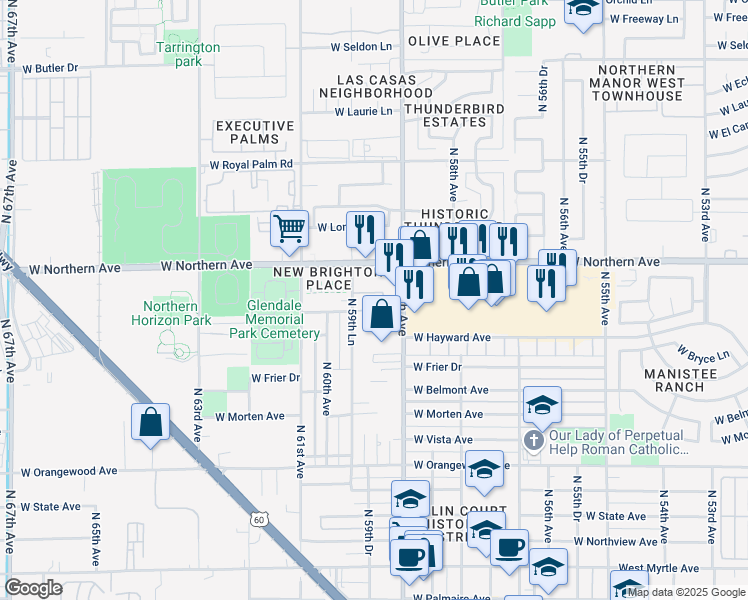 map of restaurants, bars, coffee shops, grocery stores, and more near 7841 North 59th Lane in Glendale