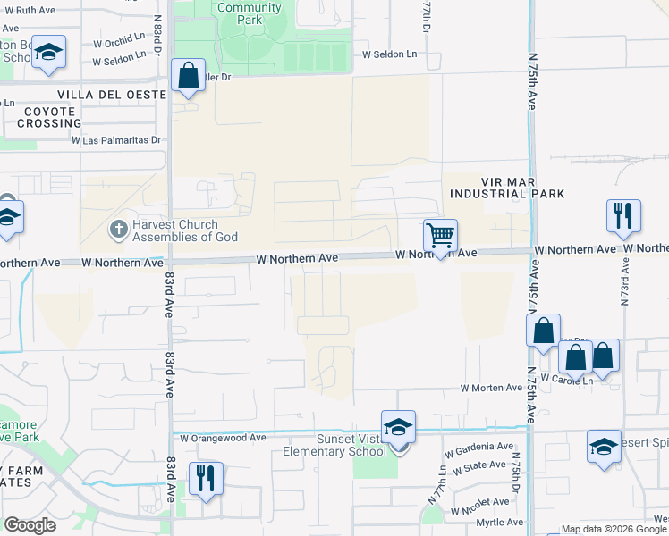 map of restaurants, bars, coffee shops, grocery stores, and more near 7907 West Northern Avenue in Glendale