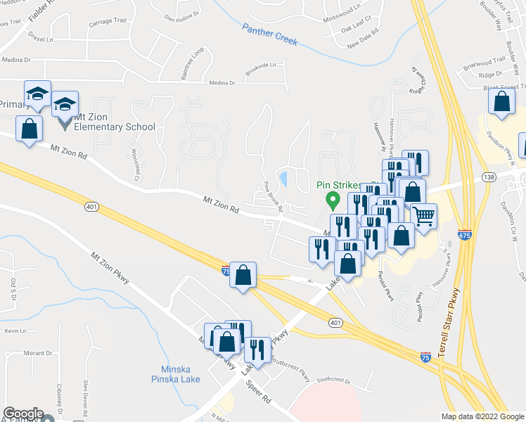map of restaurants, bars, coffee shops, grocery stores, and more near 3360 Mount Zion Road in Stockbridge