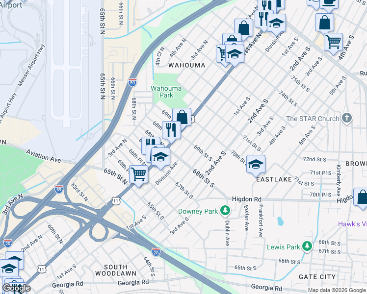 map of restaurants, bars, coffee shops, grocery stores, and more near 6821 1st Avenue North in Birmingham