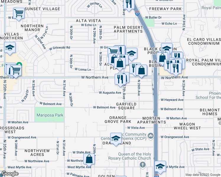 map of restaurants, bars, coffee shops, grocery stores, and more near 2802 West Augusta Avenue in Phoenix