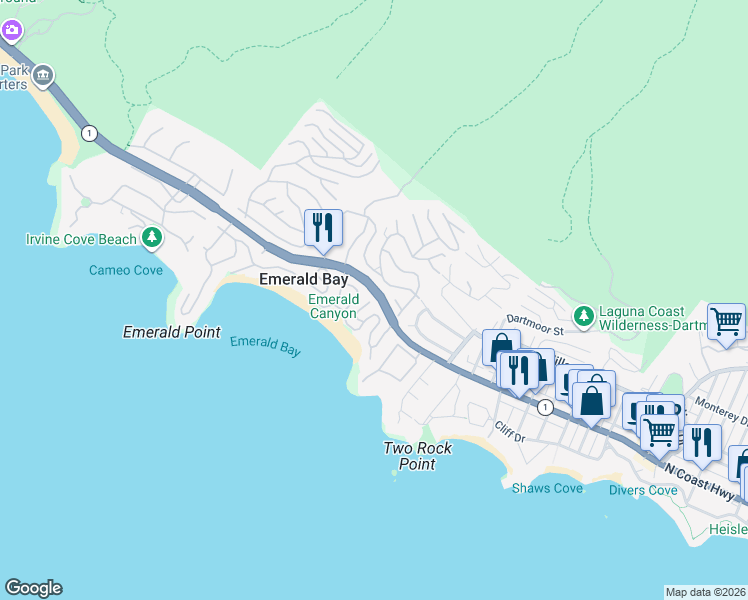 map of restaurants, bars, coffee shops, grocery stores, and more near 225 Emerald Bay in Laguna Beach