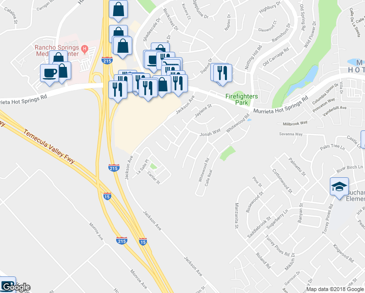 map of restaurants, bars, coffee shops, grocery stores, and more near 40298 Hannah Way in Murrieta