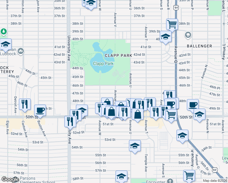 map of restaurants, bars, coffee shops, grocery stores, and more near 2202 47th Street in Lubbock