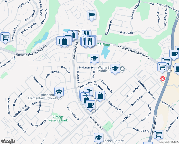 map of restaurants, bars, coffee shops, grocery stores, and more near 39802 De Vendome Court in Murrieta
