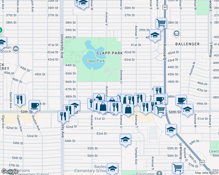 map of restaurants, bars, coffee shops, grocery stores, and more near 2116 47th Street in Lubbock