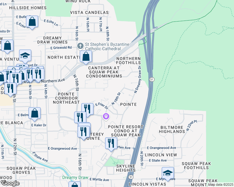 map of restaurants, bars, coffee shops, grocery stores, and more near 7649 North Dreamy Draw Drive in Phoenix