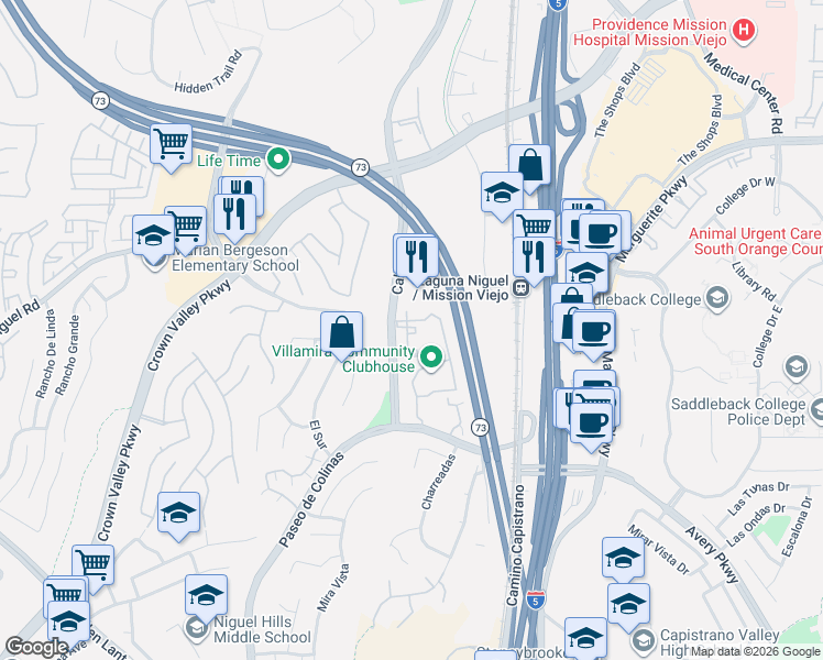 map of restaurants, bars, coffee shops, grocery stores, and more near 25881 Portofino in Laguna Niguel