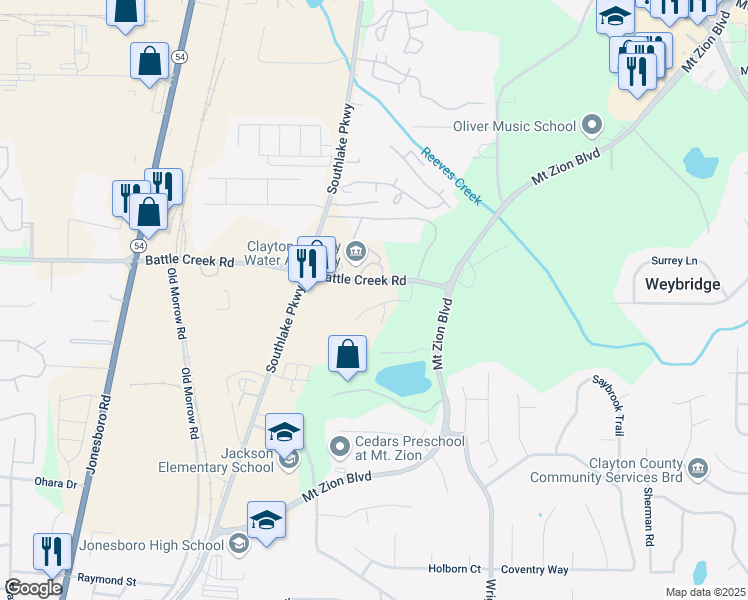 map of restaurants, bars, coffee shops, grocery stores, and more near 256 Commons Drive in Jonesboro