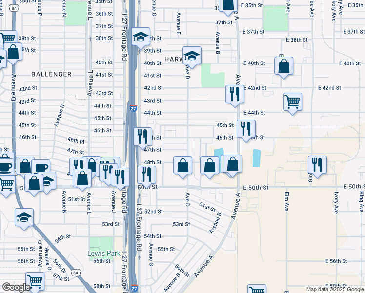 map of restaurants, bars, coffee shops, grocery stores, and more near 511 46th Street in Lubbock
