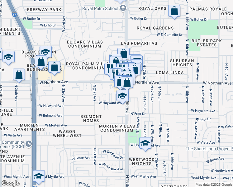 map of restaurants, bars, coffee shops, grocery stores, and more near 7782 North 19th Drive in Phoenix