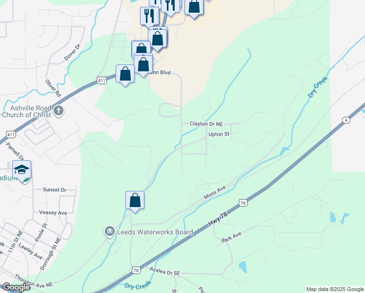 map of restaurants, bars, coffee shops, grocery stores, and more near 2504 Spruiell Street Northeast in Leeds