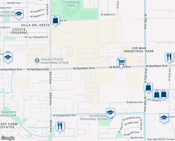 map of restaurants, bars, coffee shops, grocery stores, and more near 2015 North 80 Drive in Glendale