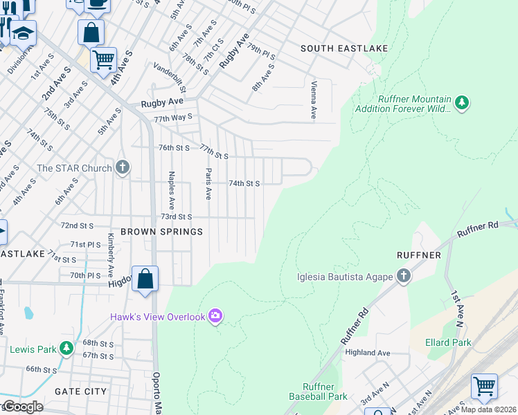 map of restaurants, bars, coffee shops, grocery stores, and more near 7321 Sparta Avenue in Birmingham