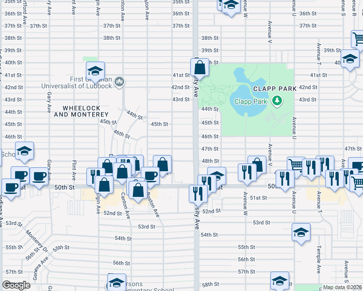 map of restaurants, bars, coffee shops, grocery stores, and more near 2517 46th Street in Lubbock
