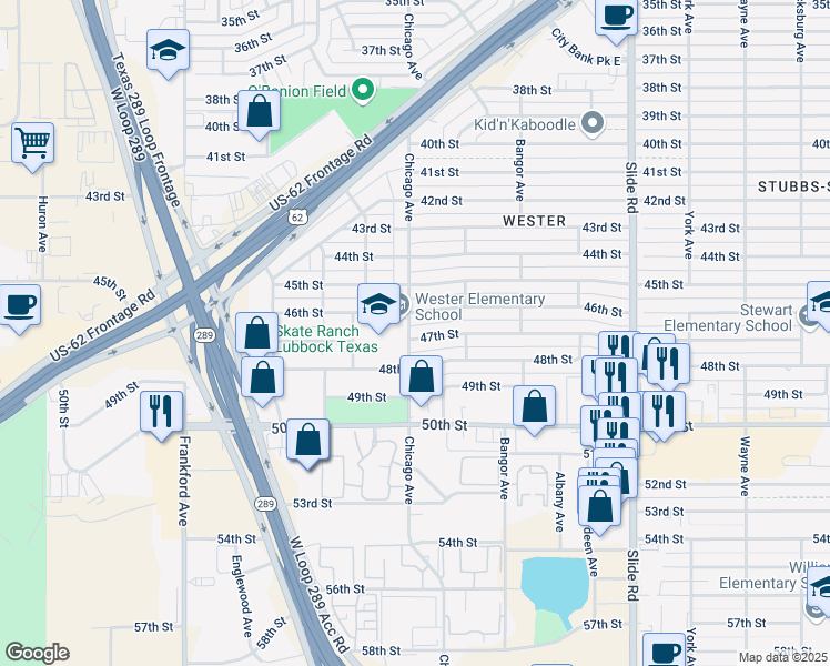 map of restaurants, bars, coffee shops, grocery stores, and more near 5440 47th Street in Lubbock