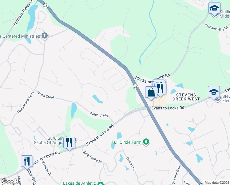 map of restaurants, bars, coffee shops, grocery stores, and more near 4277 Colony Square in Evans